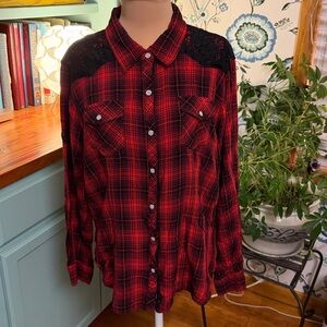 Harley Davidson Red & Black Plaid Snap Button Shirt with Lace Accents